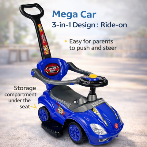 Ride-on - Masinuta cu maner de impingere Mega Car 3in1 albastra