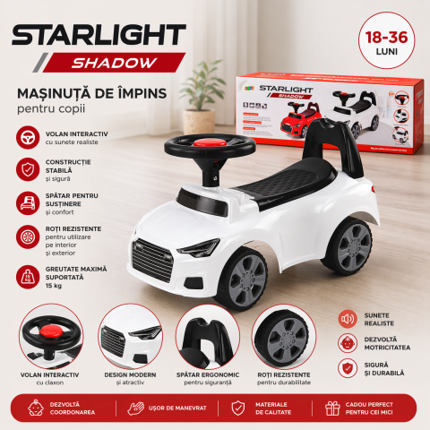 Ride-on - Masinuta ride-on pentru copii cu spatar QX-3396, claxon si spatiu depozitare, alba (18-36 luni)