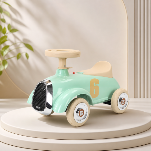 Masinute electrice - Masinuta ride-on retro copii model clasic verde cu volan si roti EVA