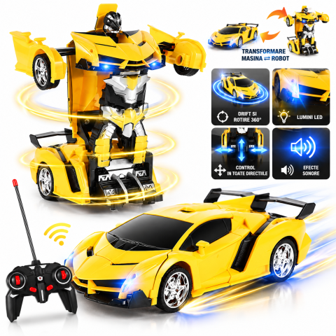 Masinute R/C - Masina Robot Transformer 2 in 1 cu telecomanda, transformare automata, drift 360°, lumini LED si sunete,scara 1:18,  galbena, 6 ani+