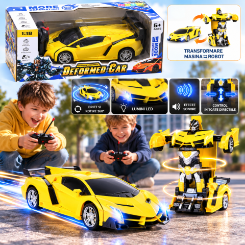 Masina Robot Transformer 2 in 1 cu telecomanda, transformare automata, drift 360°, lumini LED si sunete,scara 1:18,  galbena, 6 ani+ [1]