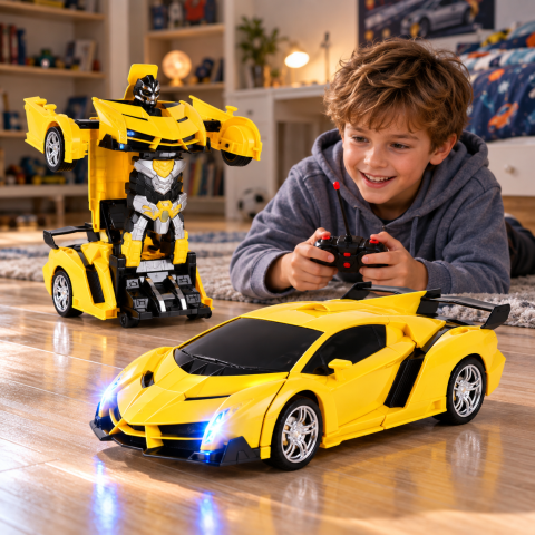 Masina Robot Transformer 2 in 1 cu telecomanda, transformare automata, drift 360°, lumini LED si sunete,scara 1:18,  galbena, 6 ani+ [2]