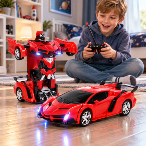 Masina Transformer 2 in 1 cu telecomanda, transformare robot, drift, rotire 360°, lumini LED si sunete, 1:18, rosie, 6 ani+ [1]