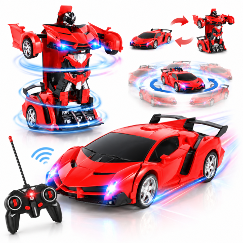 Masinute R/C - Masina Transformer 2 in 1 cu telecomanda, transformare robot, drift, rotire 360°, lumini LED si sunete, 1:18, rosie, 6 ani+