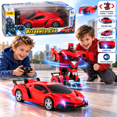 Masina Transformer 2 in 1 cu telecomanda, transformare robot, drift, rotire 360°, lumini LED si sunete, 1:18, rosie, 6 ani+ [2]