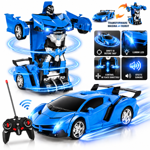 Masinute R/C - Mașină Transformer cu Telecomandă 2 în 1 – Se Transformă în Robot, Lumini și Sunete