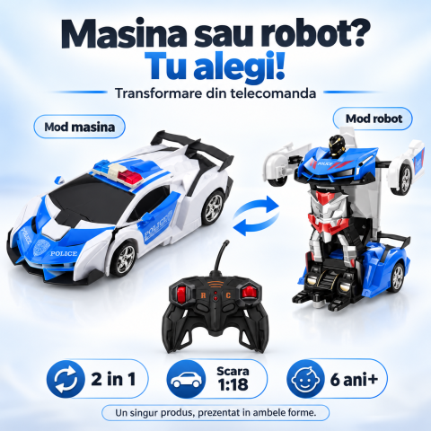 Masinute R/C - Masinuta si Robot Transformer 2 in 1 cu Telecomanda de Politie, cu Lumini si Sunete, 3 ani+