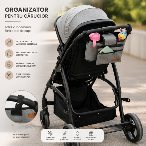 Accesorii carucioare - Organizator carucior bebe MollsBaby gri compartimentat multifunctional