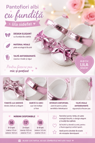 Pantofiori - Pantofiori albi cu fundita lila sidefat