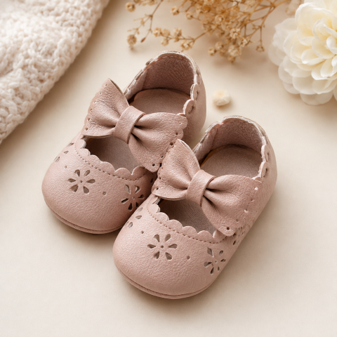 Pantofiori - Pantofiori eleganti pentru bebelusi cu fundita si perforatii florale