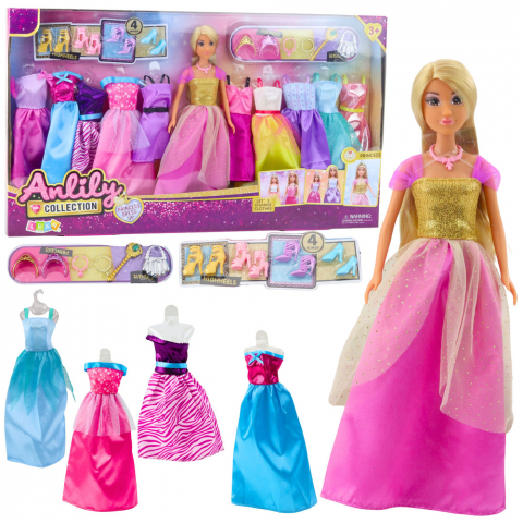 Jucarii Copii - Papusa Anlily cu 10 rochii si accesorii de printesa - Jucarie fashion pentru fetite 24 buc.