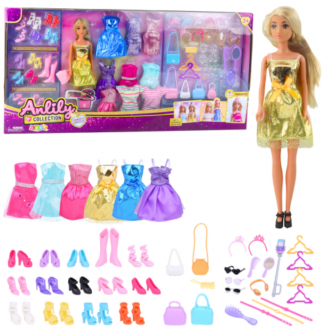 Jucarii Copii - Papusa Anlily cu 9 rochii, 13 perechi pantofi si accesorii fashion pentru fetite