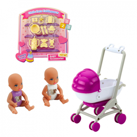 Papusa Anlily Mama cu 2 Copii Carucior si Accesorii Bebeluși [2]