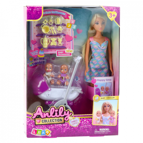 Papusa Anlily Mama cu 2 Copii Carucior si Accesorii Bebeluși [3]
