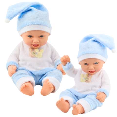 Jucarii - Papusa bebelus 24 cm, cu pijama albastra si caciulita cu pompon, 3 ani+