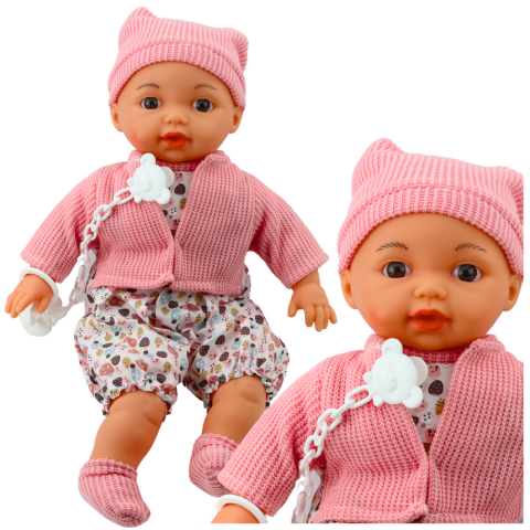 Papusa bebelus cu pulover caciulita si lant suzeta roz 40 cm [1]