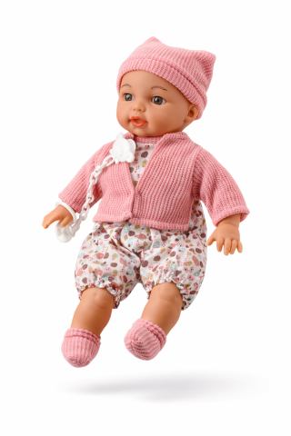 Jucarii Copii - Papusa bebelus cu pulover caciulita si lant suzeta roz 40 cm
