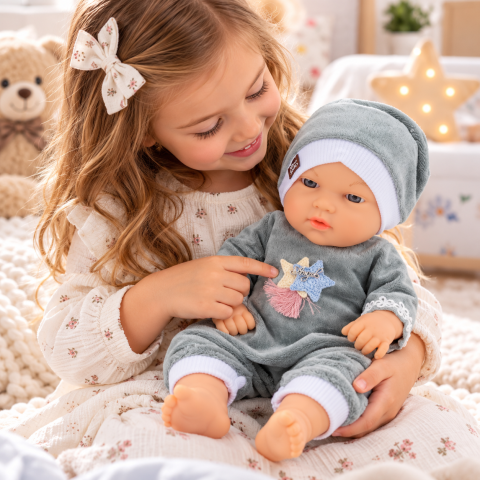 Jucarii - Papusa bebelus in pijama gri cu caciulita, brate si picioare mobile, 30 cm, 3 ani+