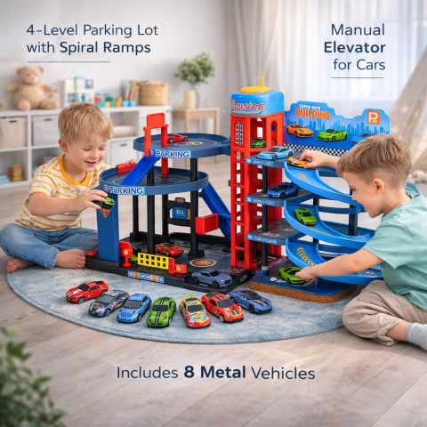 Masinute - Parcare cu masini, pista 4 niveluri, 8 vehicule metalice, stickere