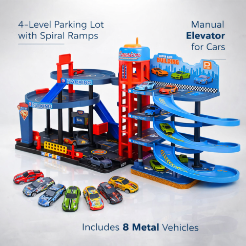 Parcare cu masini, pista 4 niveluri, 8 vehicule metalice, stickere [5]