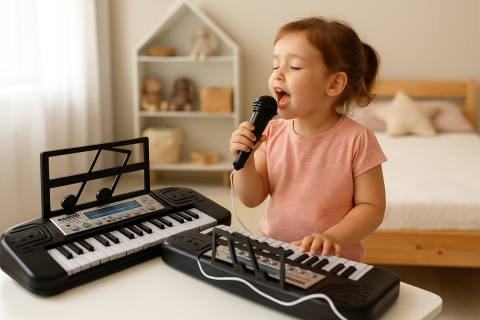 Muzica si instrumente - pian-electric-negru-copii-microfon-stativ-37-clape-Bebelul
