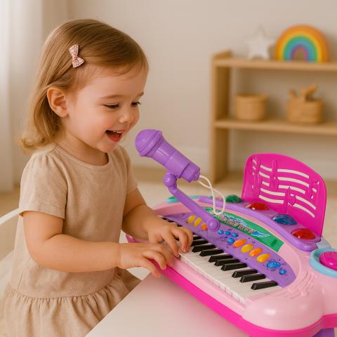 Muzica si instrumente - Pian Muzical Interactiv pentru Copii Roz cu Microfon si MP3