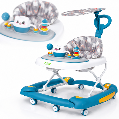 Premergatoare - Premergator bebe 4 in 1 albastru cu functie balansoar, roti silicon si panou interactiv, 6-18 luni