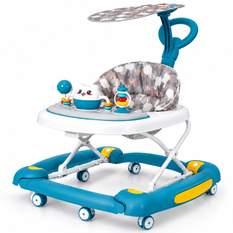 Premergator bebe 4 in 1 albastru cu functie balansoar, roti silicon si panou interactiv, 6-18 luni [5]
