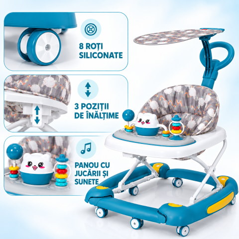 Premergator bebe 4 in 1 albastru cu functie balansoar, roti silicon si panou interactiv, 6-18 luni [3]