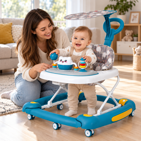 Premergator bebe 4 in 1 albastru cu functie balansoar, roti silicon si panou interactiv, 6-18 luni [2]