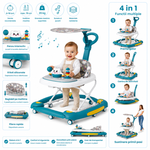 Premergator bebe 4 in 1 albastru cu functie balansoar, roti silicon si panou interactiv, 6-18 luni [1]