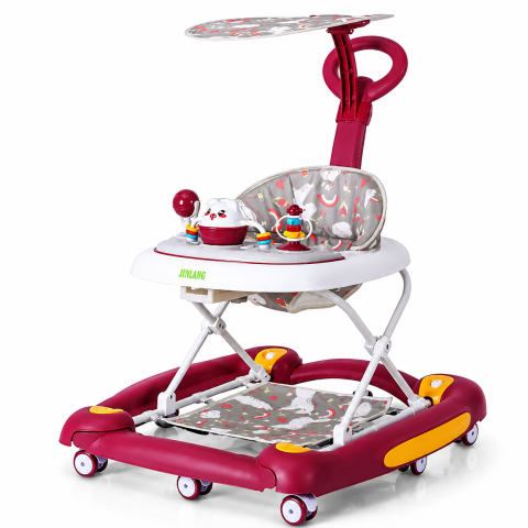 Premergatoare - Premergator bebe 4 in 1 visiniu cu functie balansoar, roti silicon si panou interactiv