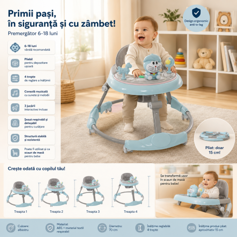 Premergator pliabil albastru cu jucarii muzicale si 4 trepte reglaj pe inaltime [1]