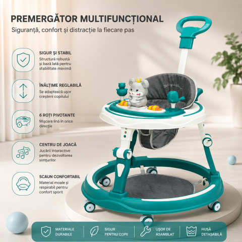 Premergator reglabil pe inaltime B9 verde cu lumini, sunete si maner parental [1]