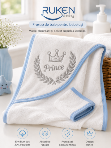 Prosoape - Prosop cu gluga pentru bebelusi, RUKEN BEBE, albastru, 1-12 luni, 75x75 cm