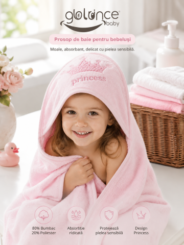 Prosoape - Prosop cu gluga pentru fetite Princess, broderie coroana, GULUNCE BABY, 1-2 ani, 75x75 cm