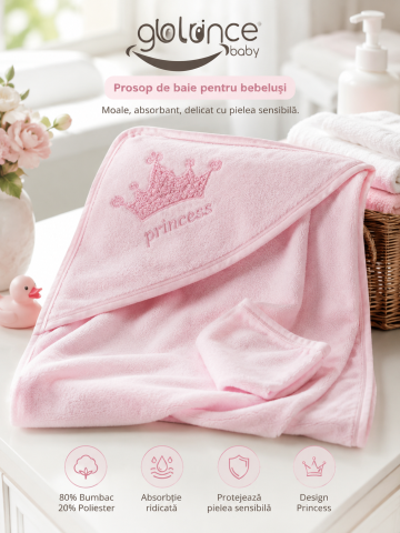Prosop cu gluga pentru fetite Princess, broderie coroana, GULUNCE BABY, 1-2 ani, 75x75 cm [1]
