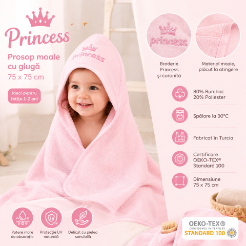 Prosoape - Prosop cu gluga pentru fetite Princess, broderie coroana, GULUNCE BABY, 1-2 ani, 75x75 cm