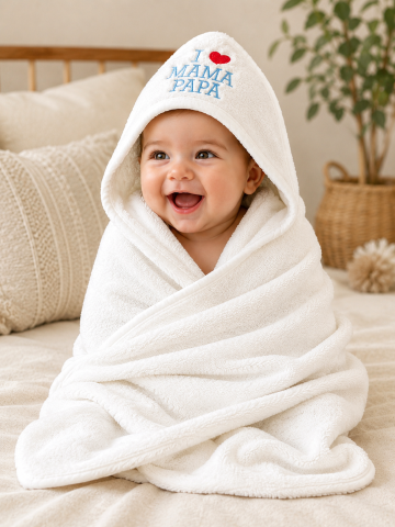 Imbracaminte - Prosop I LOVE MAMA PAPA cu gluga baieti Gulunce albastru 3-12 luni