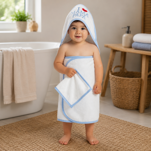 Prosoape - Prosop I LOVE MAMA PAPA cu gluga baieti Gulunce albastru 3-12 luni