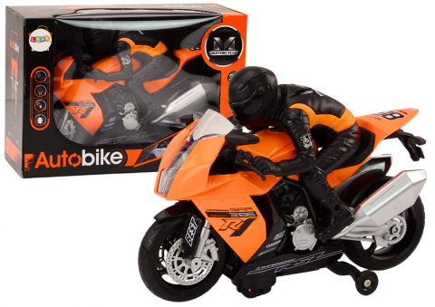 Jucarii Copii - motocicleta-portocalie-pilot-lumini-sunete-senzor-obstacole-Bebelul