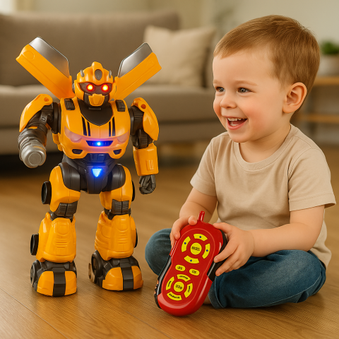 Vehicule si jucarii R/C - robot-galben-mare-telecomanda-sunete-lumini-inele-spuma-Bebelul