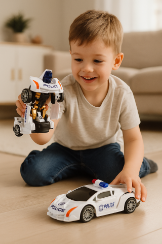 Jucarii Copii - Robot si Masina Politie 2in1 cu Transformare, Lumini si Sunete - Alb