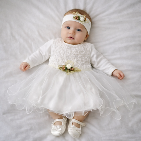 Costumase fetite - Rochie fetite eleganta 4 piese alb Babylia