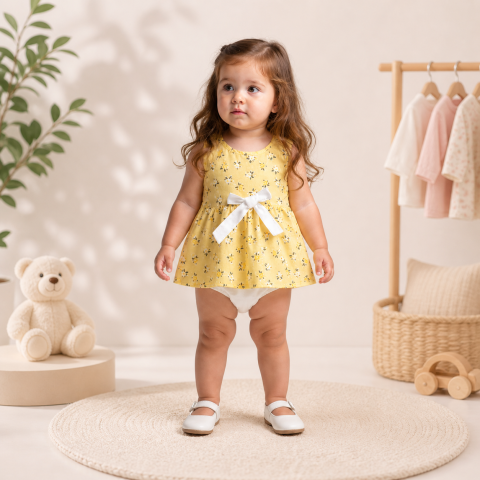 Rochite cu maneca scurta - Rochita bebe galbena cu chilotei oryeda bumbac