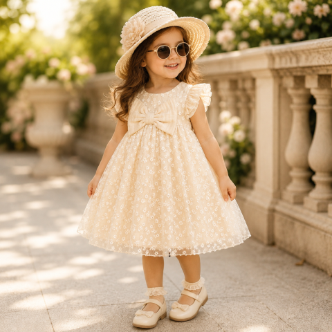 Rochite cu maneca scurta - Rochita eleganta bebe somon cu fundita mymio