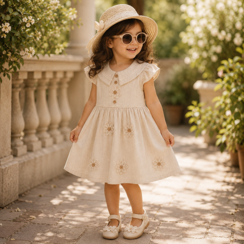 Rochite cu maneca scurta - Rochita eleganta fete bej cu flori decorative ebruly