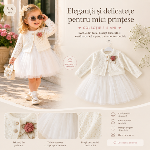 Rochita eleganta fetite Bulsen 100% bumbac alb crem 2-3-4 ani [2]