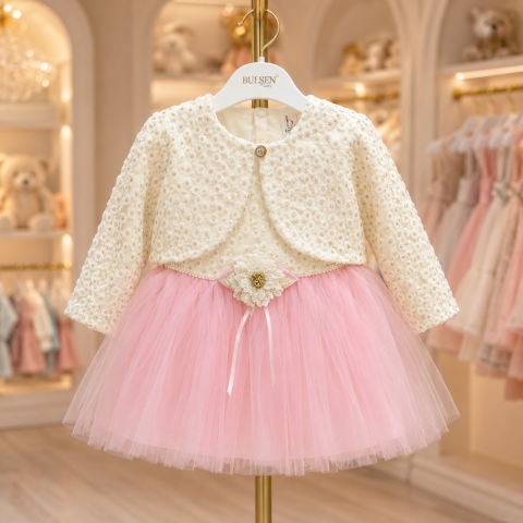 Imbracaminte - Rochita eleganta fetite Bulsen Baby bumbac roz cu bolero si tull 9-18 luni
