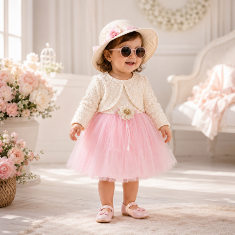 Rochita eleganta fetite Bulsen Baby bumbac roz cu bolero si tull 9-18 luni [1]